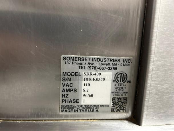 Somerset SDR-400 Dough Rounder label. Model: SDR-400, VAC: 110, Amps: 8.2, 1-phase, Made in USA. In great condition.