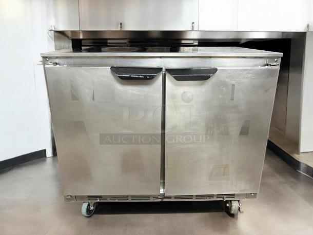 Beverage-Air UCR36AHC-ADA 34" undercounter refrigerator, stainless steel, tested working, on casters, dual doors.