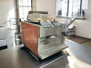 Starbucks Thermoplan Mastrena V901 CS2 automatic espresso machine, silver, tested and working, 208v, visible control panel.