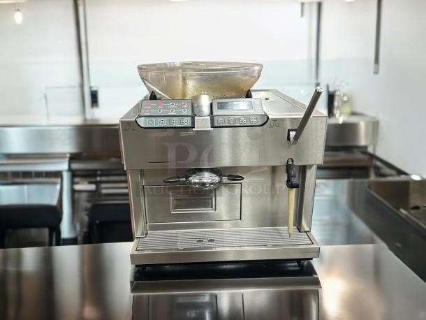 Starbucks Thermoplan Mastrena V901 CS2 espresso machine, stainless steel, automatic, tested working, 208v, front view.