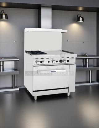 Atosa AGR-2B24GR 36" gas range, 2-burner, 24" griddle, stainless steel, tested, very clean, excellent condition.