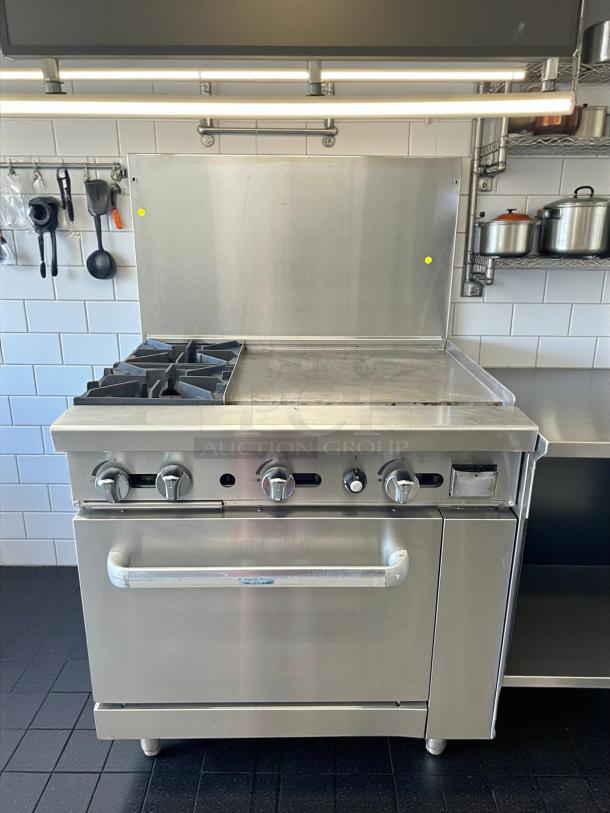 Atosa AGR-2B24GR 36" CookRite Gas Range, stainless steel, 2 burners, 24" griddle, excellent condition, tested & working.
