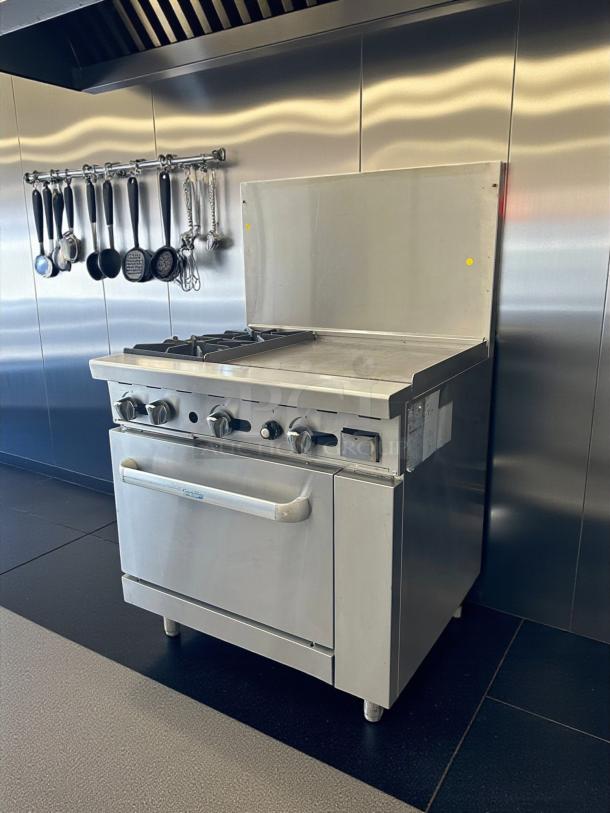 Atosa AGR-2B24GR 36" CookRite gas range with 2 burners and 24" griddle, in excellent condition, stainless steel finish.