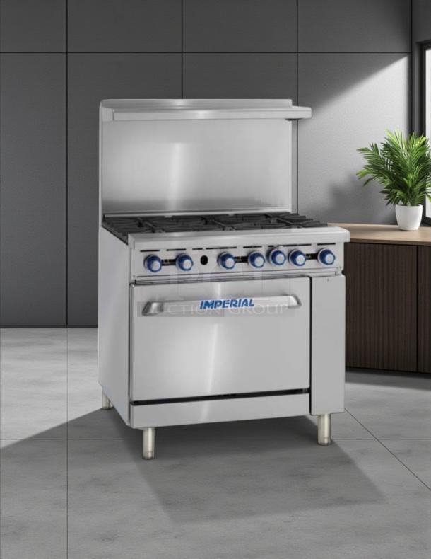 Imperial IR-6 Restaurant Series Range, 6 burners, 1 oven, stainless steel, natural gas, excellent condition, tested working.