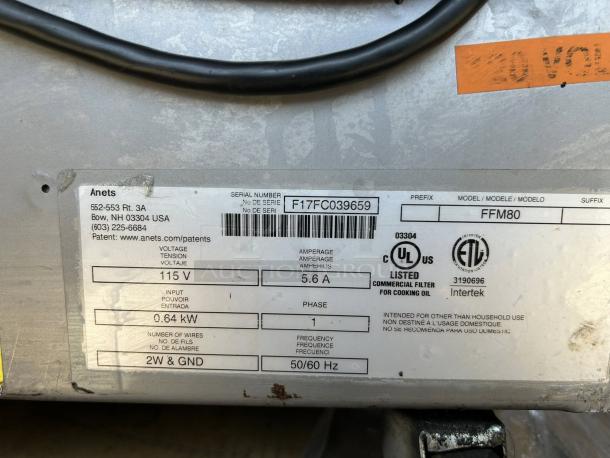 Anets FFM80 GoldenFry 80lb Fryer Filtration Unit, tested, working, good condition, with casters. Serial: F17FC039659.