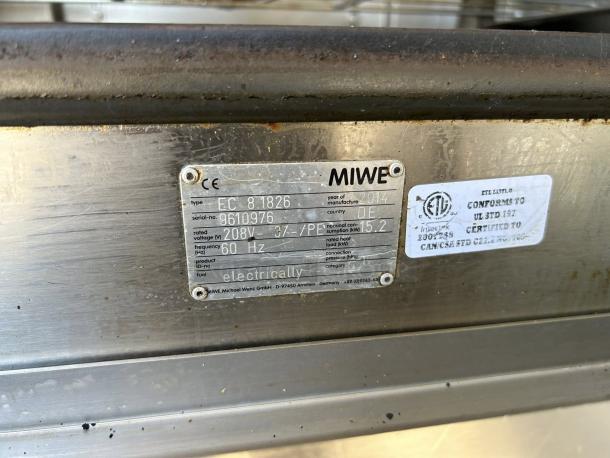 MIWE aero e+ Model EC 8.1826 oven label, showing specifications: 208V, 3PH, 60Hz, tested and working condition.