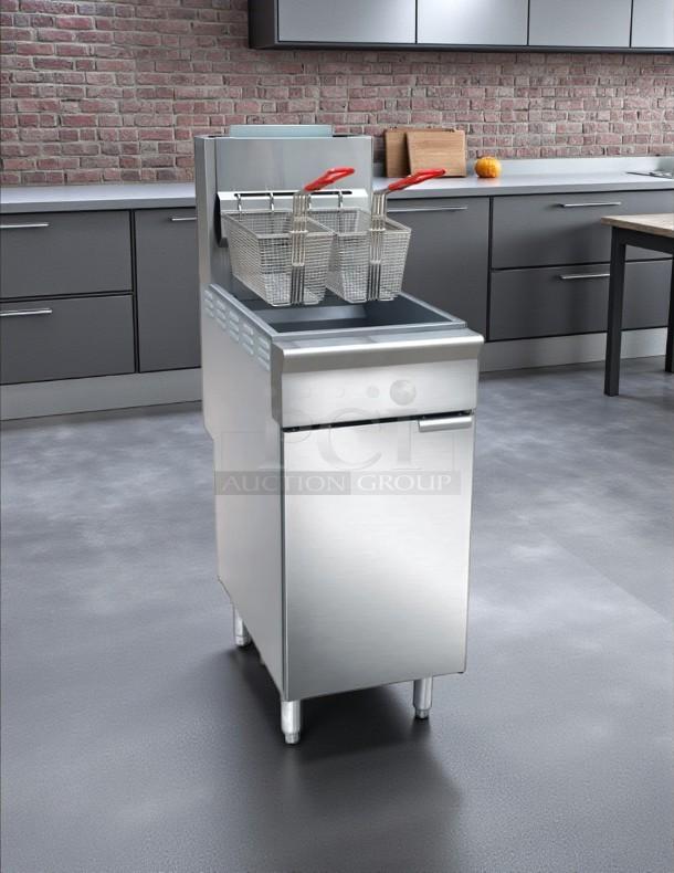 Brand new Black Diamond BDGF-ES35/NG gas fryer, 35 lb vat, floor model, natural gas, stainless steel finish in box.