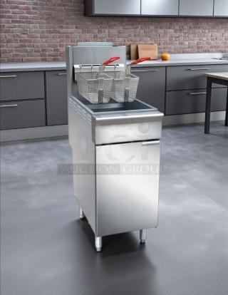Brand new Black Diamond BDGF-ES35/NG gas fryer, 35 lb vat, floor model, natural gas, stainless steel finish in box.