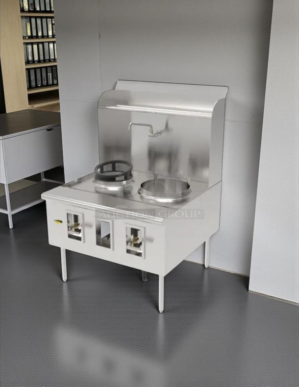 WESTAR C-2 Double Wok Burner Gas Range, stainless steel, tested, working condition, two burners, backsplash, control knobs.