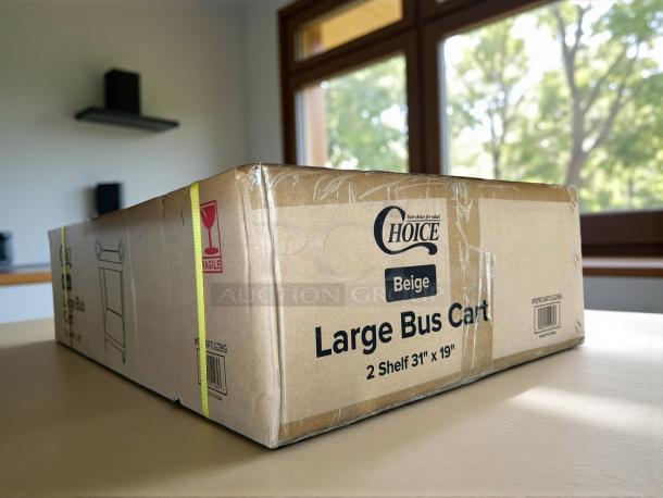 Brand new Choice Beige Utility Cart in box, model 42" x 20", features three shelves. Box labeled "Large Bus Cart" and "Fragile."