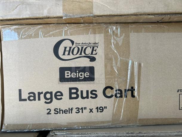 Brand new Choice Beige utility cart in box, model 42" x 20", three shelves, marked as large bus cart 31" x 19".