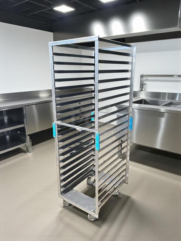Lakeside 8522 bakery mobile pan rack, full height, great condition, features 20 shelves, rolls smoothly on casters.