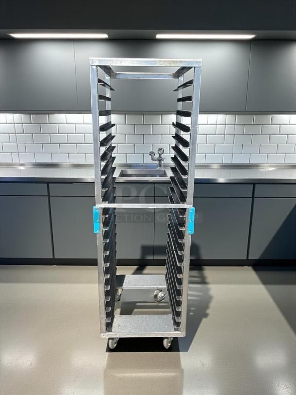 Lakeside Model 8522 full-height bakery pan rack, great condition, with smooth rolling casters, ideal for commercial use.