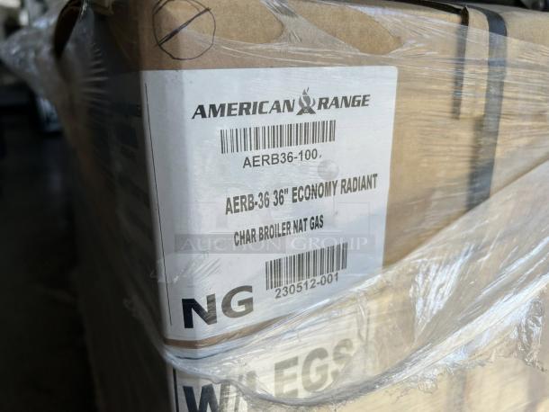 Brand new American Range AERB-36 Natural Gas Radiant Charbroiler in box. Model AERB-36-100. Auction item.