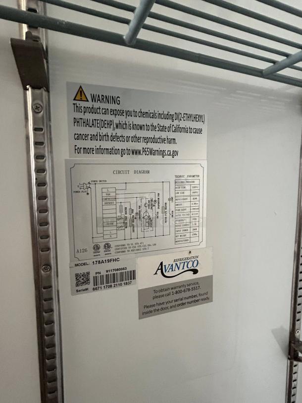Avantco 178A19FHC 29" reach-in freezer in good condition, 115v. Features solid door, tested and working. Model label and warning visible.