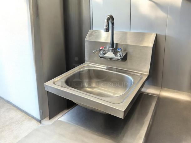 Like new AA Faucet HS-1615W stainless steel wall mount hand sink with 4" gooseneck faucet, 16"x15".