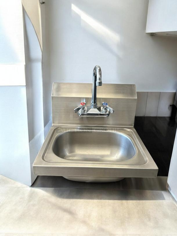AA Faucet HS-1615W stainless steel wall mount hand sink, 16"x15", like new, with 4" gooseneck faucet, dual lever controls.
