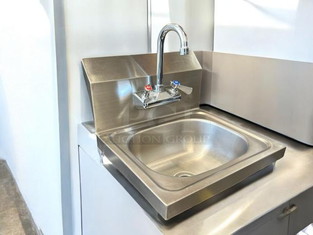 Like new AA Faucet HS-1615W 16"x15" stainless steel wall mount hand sink with 4" gooseneck faucet.