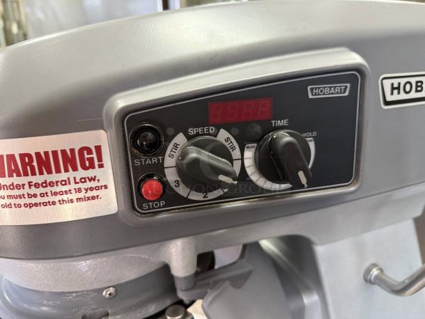 Hobart Legacy+ HL200 20 Qt. Stand Mixer with control panel, tested and working, caution label visible.