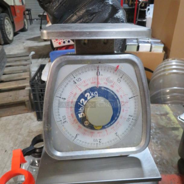 Qualite Scale, Model TS5. Metal frame, measures up to 22 lbs/10 kg. Good condition, clear dial markings.