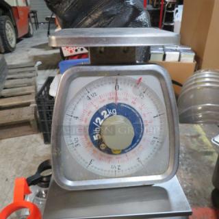 Qualite Scale, Model TS5. Metal frame, measures up to 22 lbs/10 kg. Good condition, clear dial markings.