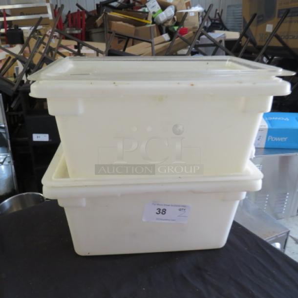 5-gallon food storage container with lid, stackable design, white, used condition, label marked "38".