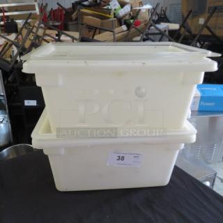 5-gallon food storage container with lid, stackable design, white, used condition, label marked "38".