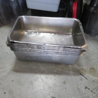 Full-size 6-inch deep stainless steel hotel pan for steam table; stackable, used condition, ideal for catering or buffet use.