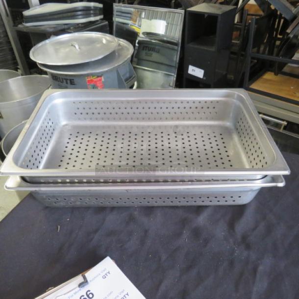 Full-size 4-inch deep perforated hotel pan, stainless steel, excellent condition, ideal for steaming and draining.