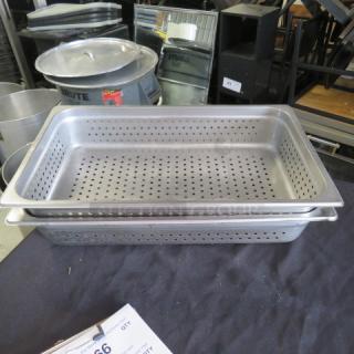 Full-size 4-inch deep perforated hotel pan, stainless steel, excellent condition, ideal for steaming and draining.