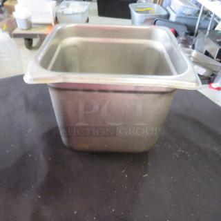 1/6 size 6-inch deep hotel pan, stainless steel, used, slight surface wear, suitable for commercial kitchen use.
