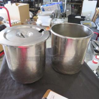 Stainless steel bain marie with one lid, model 2XBID, in good condition, used for food warming and storage.