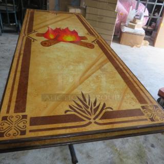Custom wooden laminated tabletop with decorative inlay, dual pedestal base. Dimensions 84x36x30 inches. Good condition.