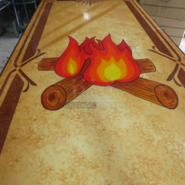 Custom wooden laminated tabletop with campfire design, dual pedestal base, dimensions 84x36x30, excellent condition.