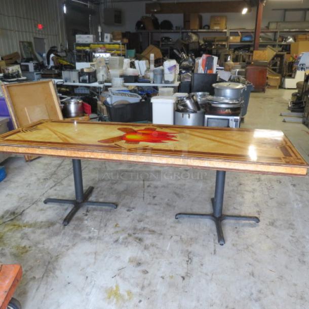 Custom wooden laminated table top with dual pedestal base, 96x36x30 inches. Unique design, good condition.
