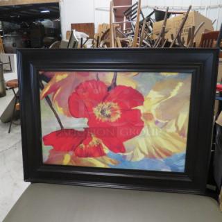 Framed picture measuring 46.5x34 inches, featuring vibrant red and yellow flowers. Black wooden frame in good condition.