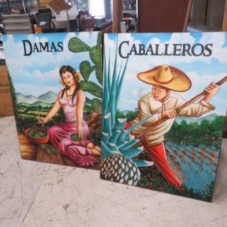 36x48 canvas picture set titled "Damas" and "Caballeros," vibrant illustrations, excellent condition.
