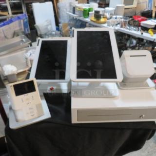 Clover POS System with cash drawer, two thermal printers #P550, two terminals #C500, white, excellent condition.