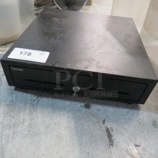 Black Toast cash drawer with key, identifier label "178", in used condition.