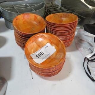 Stack of 6-inch bamboo salad bowls in red-orange hue. Includes auction label number 196. Great condition.