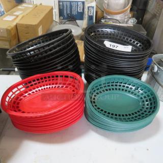 Stacks of fast food baskets in black, red, and green; marked with label showing quantity as 197.