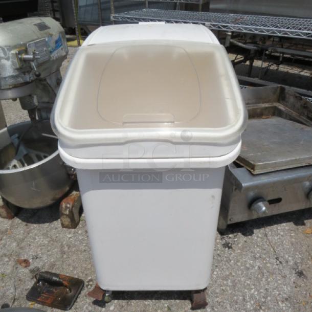 Winco Ingredient Bin on casters, model #IB-27, white with transparent lid, suitable for storage, good condition.