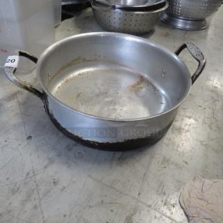 Aluminum brazing pan, 17x6 inches, used condition, visible wear and rust on handles, numbered tag attached.