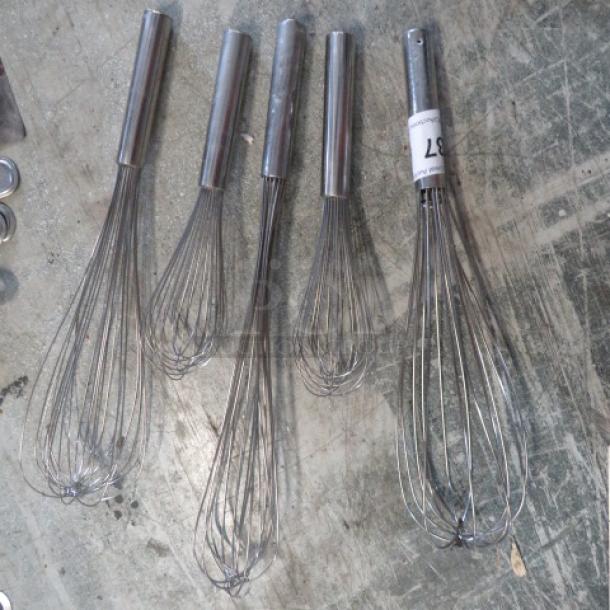 Assorted stainless steel whisks with varying sizes, 5 pieces, durable construction, one tagged with "5XBID".