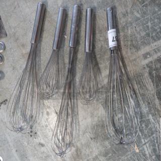 Assorted stainless steel whisks with varying sizes, 5 pieces, durable construction, one tagged with "5XBID".