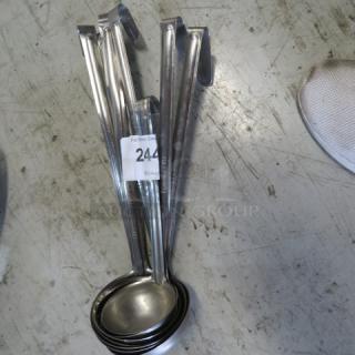 Assorted stainless steel ladles, various sizes, in good condition. Auction tag "244" attached.