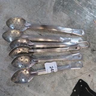 Stainless steel perforated spoons, set of 6, in excellent condition. Auction tag reads "248." Ideal for straining.