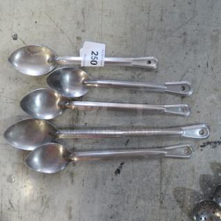 Assorted stainless steel spoons, set of five, polished finish, good condition. Auction tag labeled "250" visible.