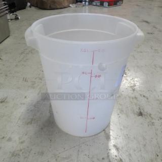 6-quart food storage container, translucent plastic, red measurement markings up to 6 quarts, side handles, good condition.
