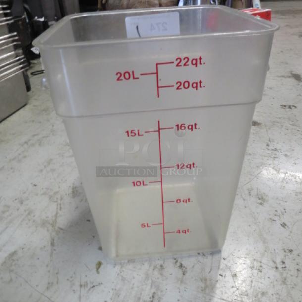22 Quart clear food storage container with red measurement markings, good condition.